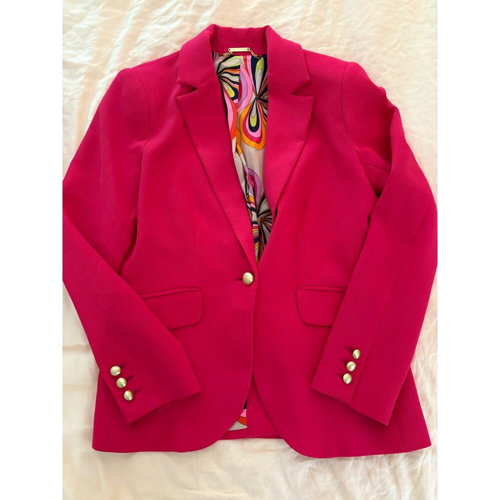 Trina Turk Pink Power Suit Blazer Wide Leg Flare Pant Set Gold Button Retro Mod - Picture 3 of 15